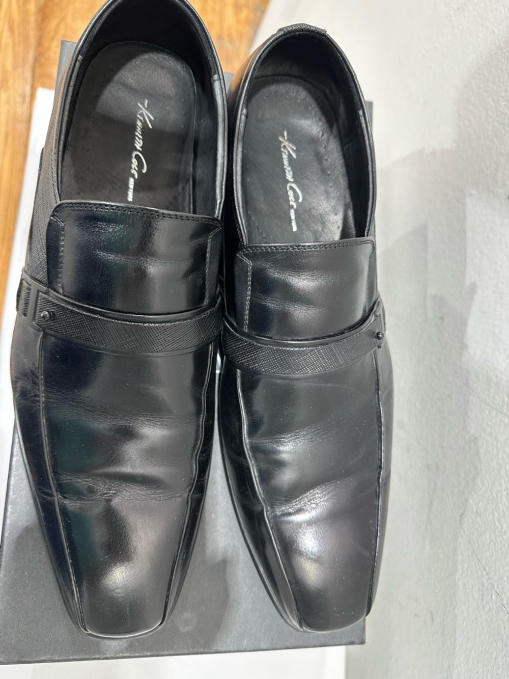 Kenneth Cole Men's Black Leather Slip-On Loafers with Strap Accent